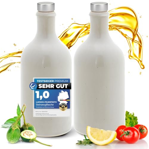 Ludwig- Feuerfest Gourmet Essig & Öl – Flaschen mit Ausgießer, Made in Germany Handgefertigt. Exklusive Steinzeugflaschen, einzigartig, zeitlos und chic. Ausgießer in Deluxe- Silber (2x 500ml, weiß)