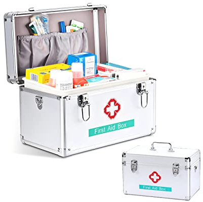 LIKEUDO 2 Layer Portable Aluminum Alloy Frame Medicine Storage Box w/ Lock First Aid Medicine Storage Box Childproof Household Medicine Storage Box Medication Organizer Case w/ Handle, Silver