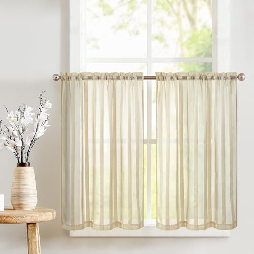 TOPICK Scheibengardinen Streifen Sheer Bistrogadine 2er Set H90xB90 Beige | Lichtdurchlässig Küchenvorhänge modern Kurzgardine Küchfenster Wohnzimmer landhausstil küchengardinen fenstergardinen Küche