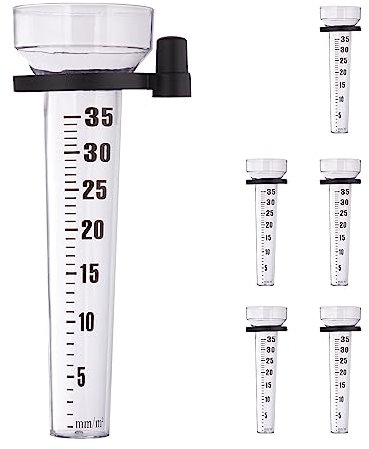 Relaxdays Regenmesser 6er Set, Halterung, Niederschlagsmesser Garten, Skala 35 mm/m², Kunststoff, transparent/schwarz