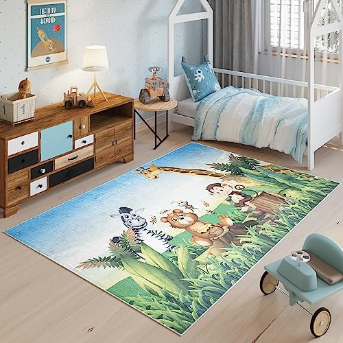 TAPISO Emma Kinderteppich Bunt Tiere Safari Antirutsch 120 x 170 cm | Waschbar bei 30 Grad bedruckter Kinderteppich Kinderzimmer Jugendzimmer Modern OEKO-TEX