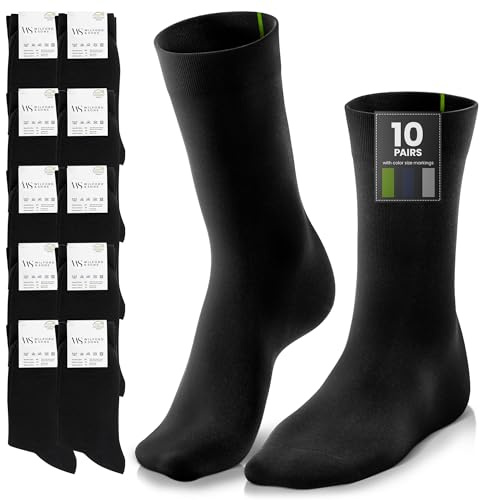 Calcetines Negros Clásicos 10 Pares, Hombres Mujeres Niños - Marcas de Colores por Tamaño | Algodón Calcetín Largos - Comodidad para Negocios Trabajo Traje Deportivos Ciclismo Medias Socks