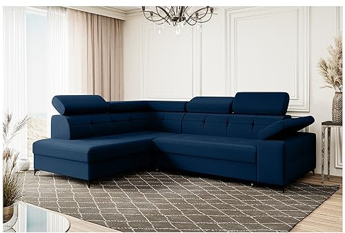 MEBLINI Schlafcouch mit Bettkasten - Ecksofa mit Schlaffunktion - Sofa mit Relaxfunktion und Kopfstützen - Couch L-Form - Eckcouch - Wohnlandschaft - Bergamo - 274x203x83cm Links - Blau Samt