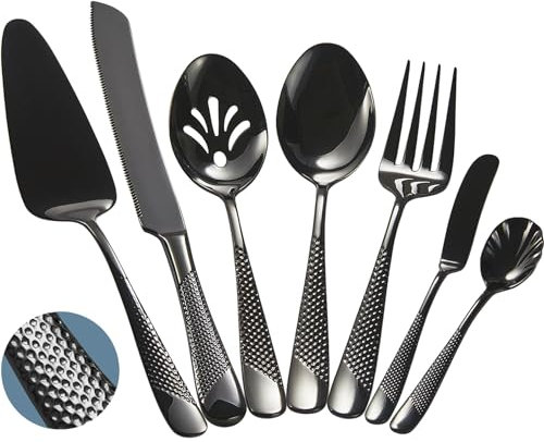 Xideman® 7-Piece Hammered 18/10 Stainless Steel Cutlery Serving Utensil Set - Hostess Flatware with Cake Knife & Cake Server (Black)