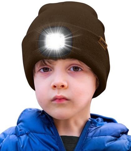 ATNKE Barn LED-upplyst mössa med ljus, uppladdningsbar USB 4 LED-löparmössa extremt ljus lampa vinter varm stickad mössa fantastiska presenter för pojkar och flickor, kaffe, one size