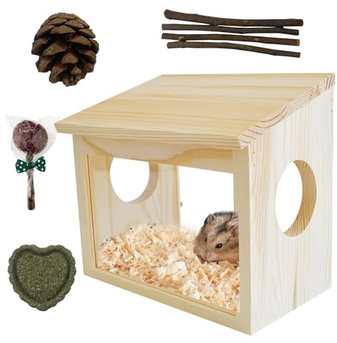 MUYG Sand Bath Box for Hamster,Visible Small Animal Digging Box Wooden Chinchilla House Hideout Dust Bath Hamster Bathroom Accessories with Acrylic Plate Chew Toys for Dwarf Syrian Gerbils Mice