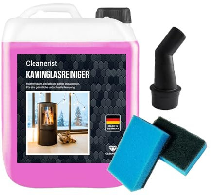 Nettoyant pour vitres de cheminée et de poêle | 5 l | Nettoyant pour enlever les saletés tenaces sur les vitres de cheminée et de poêle I avec 1 éponge et bec verseur