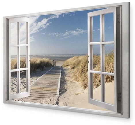 murando - Handart Fensterblick Kunstdruck auf Leinwand 90x60 cm 1 tlg Groß Kunstbilder wie Handbemalte Wandbilder XXL mit Acrylgel beschichtet Bilder mit Struktur Fenster Meer Strand c-C-0179-b-a