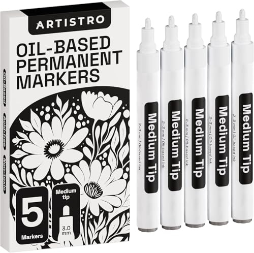 ARTISTRO 5 Oil-Based Permanent Paint Markers - Assorted Sets of Fine and Medium Tip Markers for Wood, Rock, Fabric, Glass, Ceramic, Metal, Plastic, and More - Quick Dry, Waterproof, Permanent, White