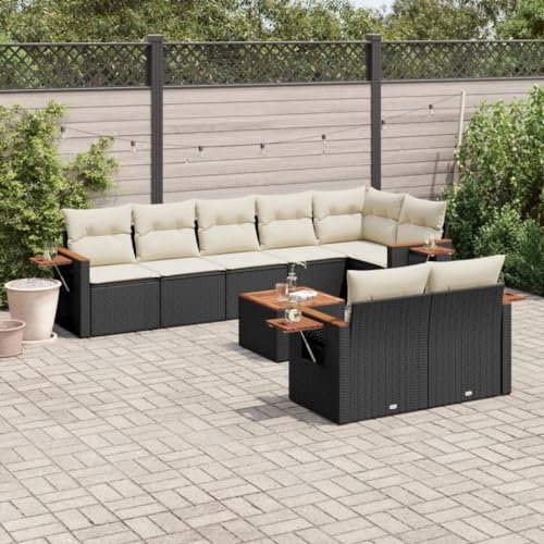 THOYTOUI 9-TLG. Garten-Sofagarnitur, Gartenset Tisch und stühle Garten essgruppe Balkon möbel Set Gartengarnitur Set Geeignet für Terrasse Garten Balkon Veranda mit Kissen Schwarz Poly Rattan