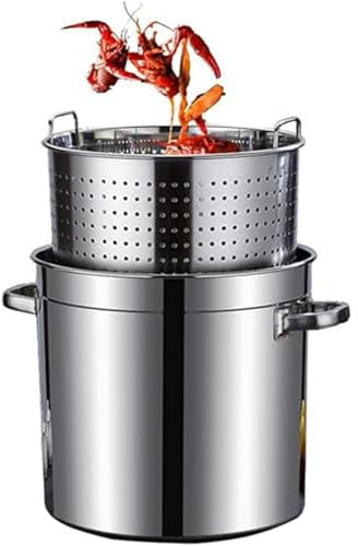 THEGA Grande Pentola con Coperchio, Pentola per Bollitura dei Frutti di Mare, Pentola in Acciaio Inox con Manici su Entrambi I Lati/pentola con Coperchio E Cestello Scolapasta(40x40cm)