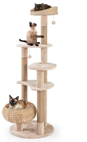 COSTWAY Arbre à Chat XXL en Bois 164 cm - 5 Plateformes, 3 Griffoirs en Jute, Quenouille Tressée, Coussins Amovibles, 2 Pompons, Tour à 6 Étages