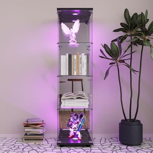 Spiegelglasvitrine 36,5 x 42,5 x 164 mit Schloss und LED Glasschrank mit Standfuß, LED-Vitrine, 4 Ablagen, 1 Türen (Spiegel + schwarze LED, 1 Tür, 4 Etagen)