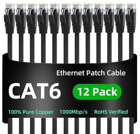 Yauhody Ethernet Cable 2m 12Pack, Internet Cable Cat 6 2m 12Pack, Black | TIA/EIA 568-C.2 Compliant, RoHs, Snagless High Speed Gigabit Network LAN Patch Lead for Server, Router, Modem, TV, PC, Gaming