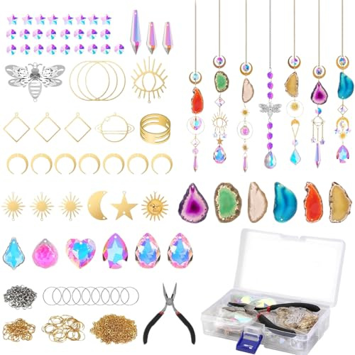 Acidea DIY Suncatchers Kit, Sun Catchers Making Kits Crafts for Adults, Crystal Suncatcher with Agate Slices Light Catcher with Hanging Prism Suncatcher for Indoor Window Garden Festival Decor