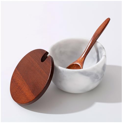NHKRTE Marble Salt Cellar with Lid & Spoon, 11oz Salt and Pepper bowls, Handcrafted from Natural Marble, Smooth Inside (white bowl)