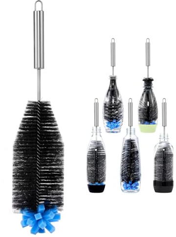 40 Cm Spazzola per Bottiglie Con Collo Stretto, Spazzola per Bottiglie vetros in Acciaio Inossidabile, Combinazione Di Setole Dure E Spugne Morbide, Per Fondo E Il Collo Della