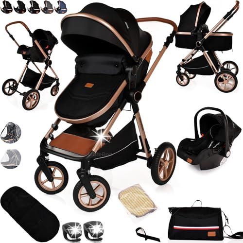 Baby Buggy Pram Pushchair Stroller 3 in 1 Child Lightweight Folding Stroller 3 in 1 Travel System Pram for Newborns & Toddlerss from Birth (Black Gold Frame)
