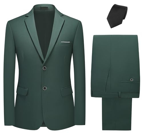 KUDMOL Mens Suits 2 Piece Classical Two Buttons Business Suit Blazer Trousers Set with Black Tie（Army Green,2XL）
