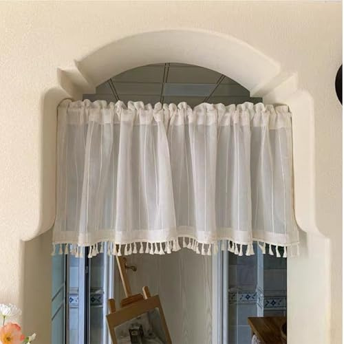 HiSnug Scheibengardinen Natur Leinen Bistrogardine für Balkontür Wohnwagen Landhausstil Bauernhaus Gardinen Gestreifte Kurz Halbtransparente Küchengardinen mit Quasten H60 x B100 cm