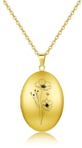 PiercingJak Personalisierte Foto Halskette Gold Geburtsblume Kette mit Gravur Oval Bilder Medaillon zum öffnen Amulett Anhänger Blume Muster Geburtstag Geschenke für Damen