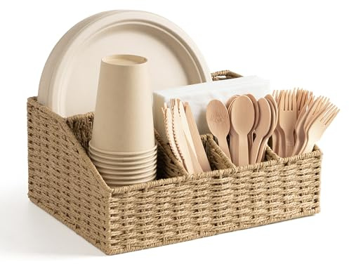 AELS Woven Paper Plate Dispenser & Utensil Holder for Party, Rustic Countertop Storage Basket for Disposable Plates (7-12 Inch) & Paper Cups (8, 12, 16oz), Napkins, Forks, Knives, Spoons