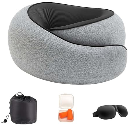 Nomadike NOMAREST | Memory Foam Travel Pillow – mousse mémoire haute densité lavable et compact – Idéal pour vos déplacements et vacances. (Gris,Oreiller + masque de sommeil + bouchons d'oreilles)