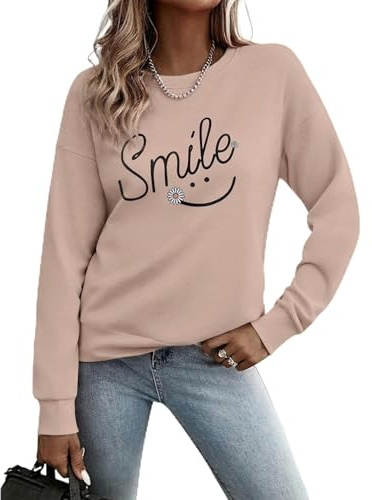 Gyabnw Ladies Sweatshirt Crew Neck Long Sleeve Lightweight Smile Print Top | Smile Print, Crew Neck, Long Sleeves, Lightweight Feel, Casual Pullover, Relaxed and Easy to Style