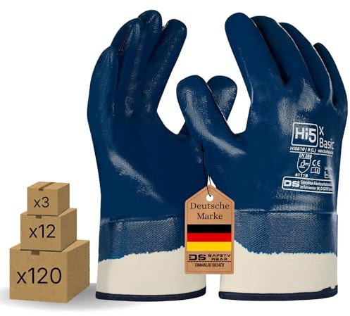 Hi5 Guantes de nitrilo X-Basic, impermeables, resistentes al aceite, resistentes a la abrasión, tallas S, M, L, XL, XXL, guantes de trabajo de nitrilo, 100% algodón jersey (M, 3,0, piezas)