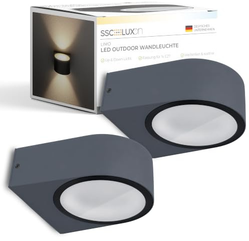 SSC-LUXon LIMO Außenwandleuchte 2er Set Up & Down IP44 für E27 | Zwei Außen-Wandlampen für Up-Down-Licht - für E27-Birnen (A60), für Hauswand, Terrasse & Garage, wetterfest IP44 (ohne Birne)