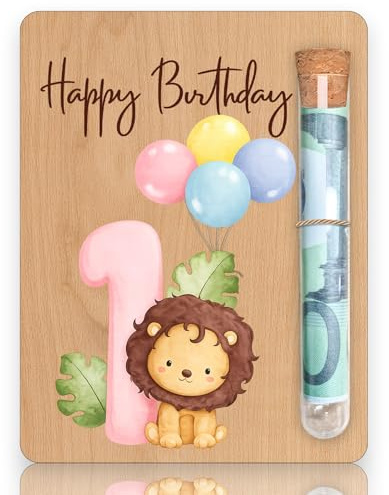 Geldgeschenk 1. Geburtstag Junge Holz Karte mit Reagenzglas und Box Löwe Motiv Lustiges Geschenk 1 Jahr Junge hölzerne Glückwunschkarte für Neffen Enkel Sohn Geldverpackung Deko Set 13x10cm