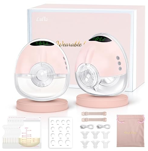 Lulia Wearable Breast Pump with 4 Modes 9 Levels, Portable Electric Breast Pump with Strong Suction, Large Capacity, Low Noise, Comfortable 17/19/21mm Flanges Included, 2 Packs, Pink