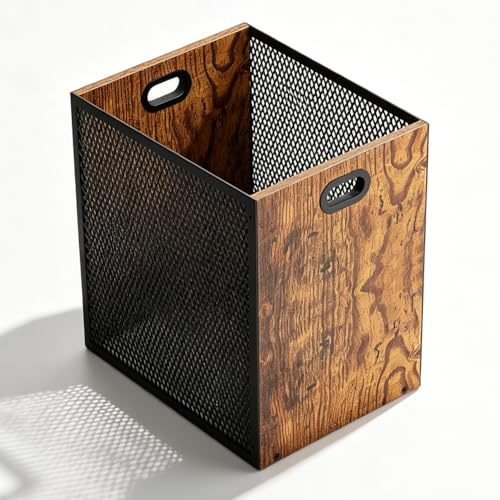 Fouvin Poubelle de bureau 17 L, corbeille à papier de bureau vintage en fer et bois, style industriel avec poignées pour salon, chambre à coucher, cuisine, 28 x 20 x 30 cm