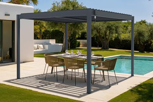 Cazeboo Pergola bioclimatique 3x3m autoportée Piana Aluminium Gris avec Stores rétractables côté 3m