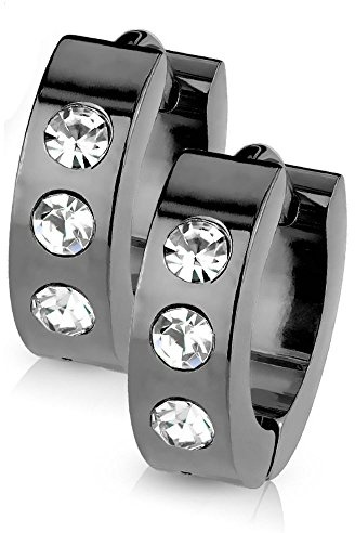 Bungsa CREOLEN mit KRISTALL-STEIN SET - Silber, Schwarz, Gold, Rosegold, Blau - EDELSTAHL Klappcreolen - Klapp-Ohrringe mit 3 gefassten klaren Steinen - für Damen & Herren - 1 Paar Kreolen Kristall