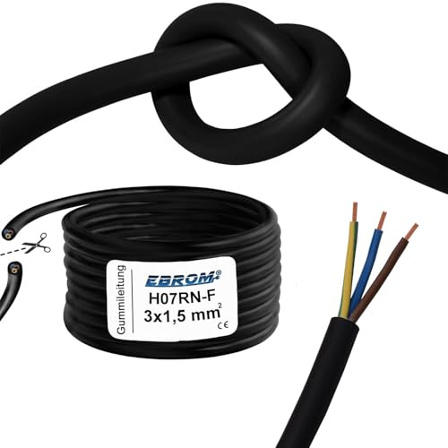 EBROM CEE Gummileitung flexibel H07RN-F 3x1,5 mm² UV, ölbeständig 50 Meter | 10 bis 150 m - Gummischlauchleitung 3x1,5 mm2, Verlängerungskabel, Gummianschlussleitung, Baustellenkabel, Außenbereich IP44