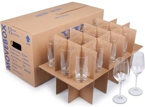 KK Verpackungen Gläserkartons 634x290x326mm | 60 Stück, 15-30 Fächer mit Stecksystem | 2-wellige Umzugskartons für Gläser, Geschirr & Flaschen | 45 kg Traglast, Griffverstärkung