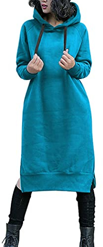NUTEXROL Damen Verdickung Lang Fleece Sweatshirt String Hoodie Kleid Pullover Übergröße, Blau-a, M
