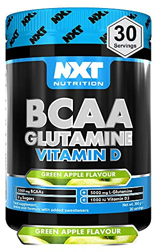 NXT Nutrition BCAA, Glutamina y Vitamina D | Aminoácidos BCAA con vitamina D3 y L-glutamina: para recuperación, salud intestinal y síntesis de proteínas musculares | 360 g - 30 porciones (manzana)