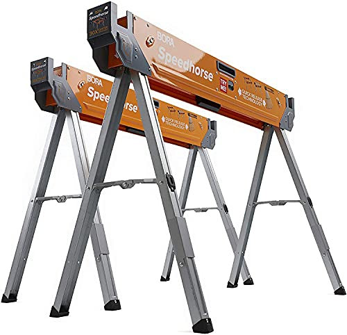 Speedhorse Sawhorse Pair– Two Pack, Table Stand with Folding Legs, Metal Top for 2x4, Heavy Duty Pro Bench Saw Horse for Woodworking, Carpenters, Contractors, PM-4500T (Sawhorse/IMPROVED)