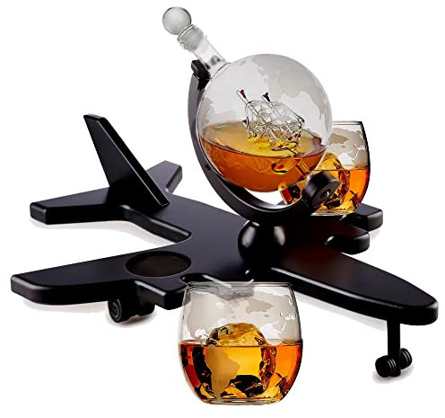 Airplane Whiskey Decanter Globe Gift Set - Bezrat - Home Bar Decor Liquor Globe Dispenser with 2 Scotch World Glasses on Mahogany Airplane Tray - Men Dad Boyfriend Husband Anniversary or Retirement