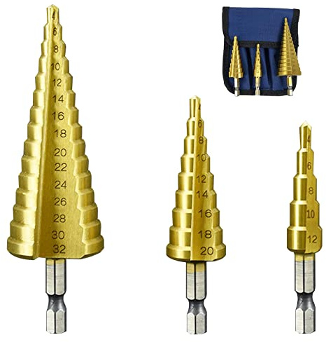 Yzwuyou 3 Piezas Broca Escalonada para Metal Broca Conica HSS Titanio para Acero Vástago Hexagonal para Metal Acero Madera Plástico（ø4-12mm/4-20mm/4-32mm）