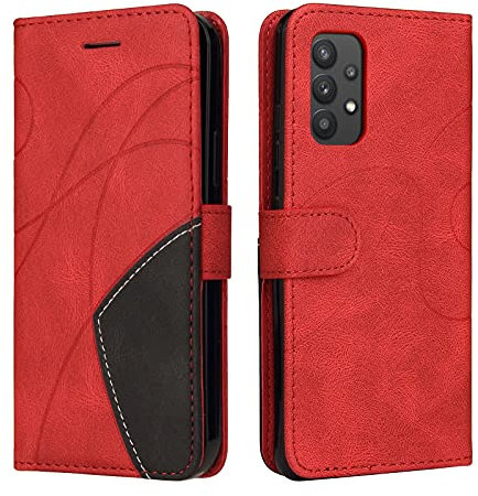 Fatcatparadise Kompatibel mit Samsung Galaxy A32 4G Hülle, Leder PU Brieftasche Handyhülle Flip Case Silikon Bumper Schutzhülle Klapphülle. Lederhülle mit Kartenfächern und Standfunktion (Rot)