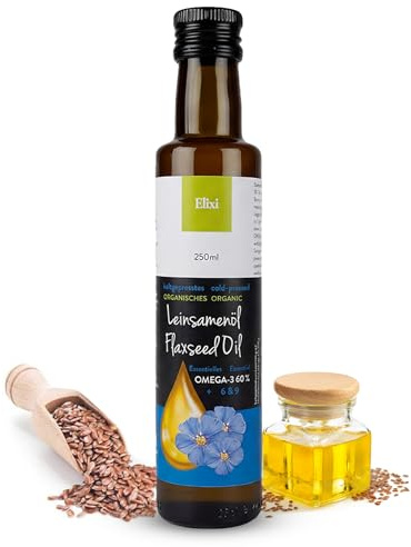 Elixi Ekologisk Kallpressad Linfröolja 250 ml, Växtbaserad Omega-3 Olja med 59% ALA, Vegansk från Finland, i Glasflaskor utan Tillsatser