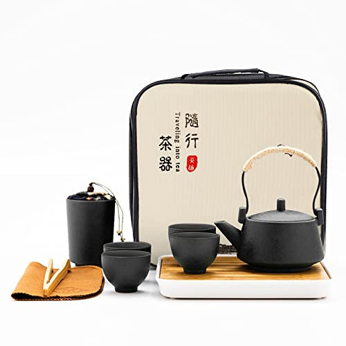 fanquare Juego de Té de Viaje Negro Japonés con Bolsa, Servicio de Té de China con Tetera, Mini Tazas de Té Chino para Adultos, Regalos para Hombres