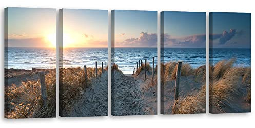 Feeby Leinwandbild 200x80 cm Sonnenuntergang Strand Meer 5 TLG Bild Kunstdruck Wand Bild Deko Wohnzimmer Wohnungs Ostsee Nordsee Pfad Orange
