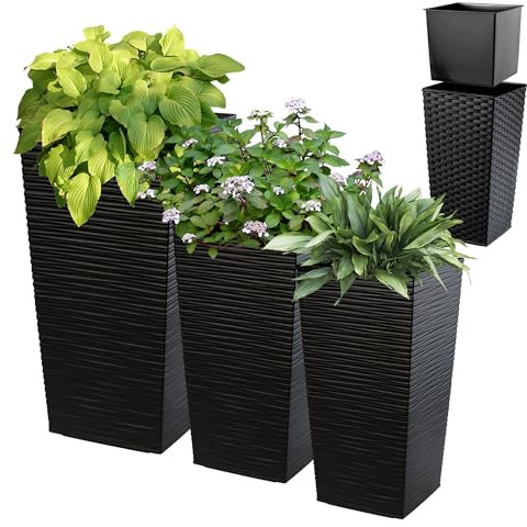 KADAX 3er Set Pflanzkübel mit Innentopf 36/46,5/57,5 cm Höhe, Schwarz – wetterfeste & robuste Blumenkübel aus Kunststoff, Blumentöpfe für Innen- & Außenbereich