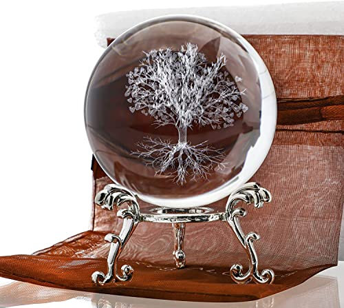 H&D HYALINE & DORA Boule de cristal arbre de vie 60 mm avec support, presse-papier décoratif 3D, plante en verre gravée au laser, arbre de vie, boule nouveauté pour la maison