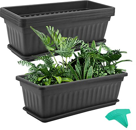 MUKCHAP 4 PCS 43cm/17 Inch Black Plastic Window Box Planter, Rectangular Window Flower Plant Box with Trays and Plant Labels, Rectangular Windowsill Planter for Vegetables