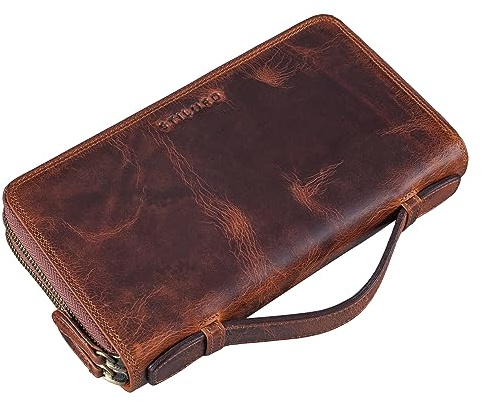 STILORD Sean Geldtasche Herren Leder mit Griff Große Geldbörse Männer Portemonnaie RFID Schutz Wallet Vintage Ledergeldbörse viele Fächer Handgelenktasche Echtleder Farbe:Kara - Cognac